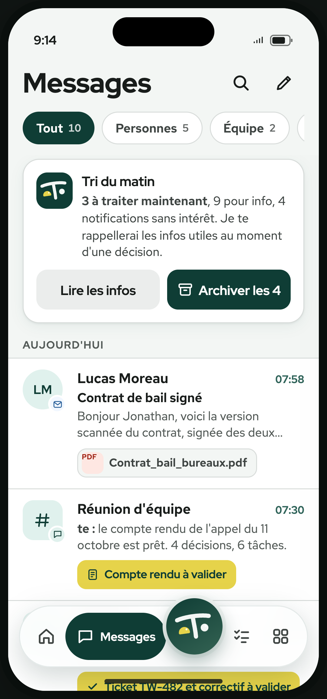 L'app mobile Tework : le tri du matin de te et les messages du jour